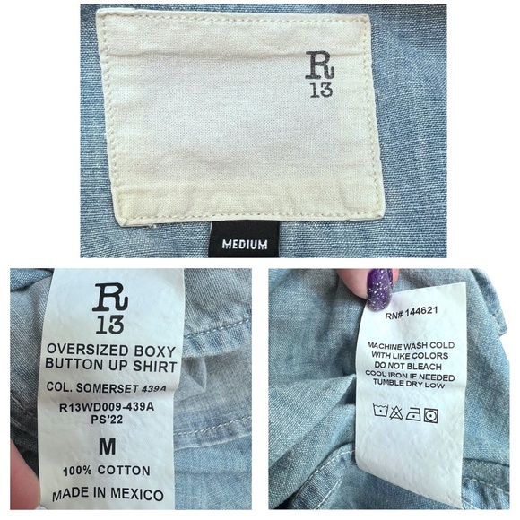 R13 FADED DENIM BLUE OVERSIZED BOXY BUTTON UP SHORT SLEEVE SHIRT - Picture 16 of 16